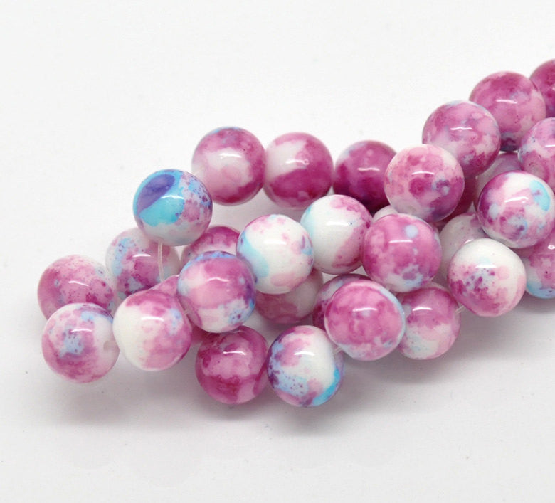 40 Round Glass Beads, white with pink and blue marbeling, marble pattern, 10mm  bgl0689
