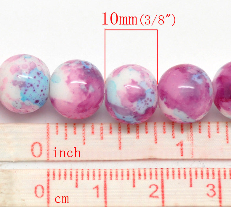 40 Round Glass Beads, white with pink and blue marbeling, marble pattern, 10mm  bgl0689