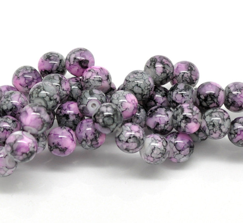 8mm Purple with Black and Grey Marbled Swirl Pattern, Rare, Hard to Find, 50 beads bgl0695