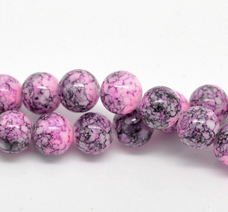 40 Round Glass Beads, White with pink, purple, and black marbeling, marble pattern, 10mm  bgl0291