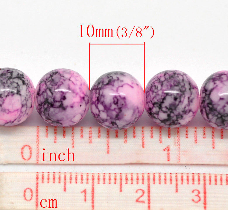 40 Round Glass Beads, White with pink, purple, and black marbeling, marble pattern, 10mm  bgl0291