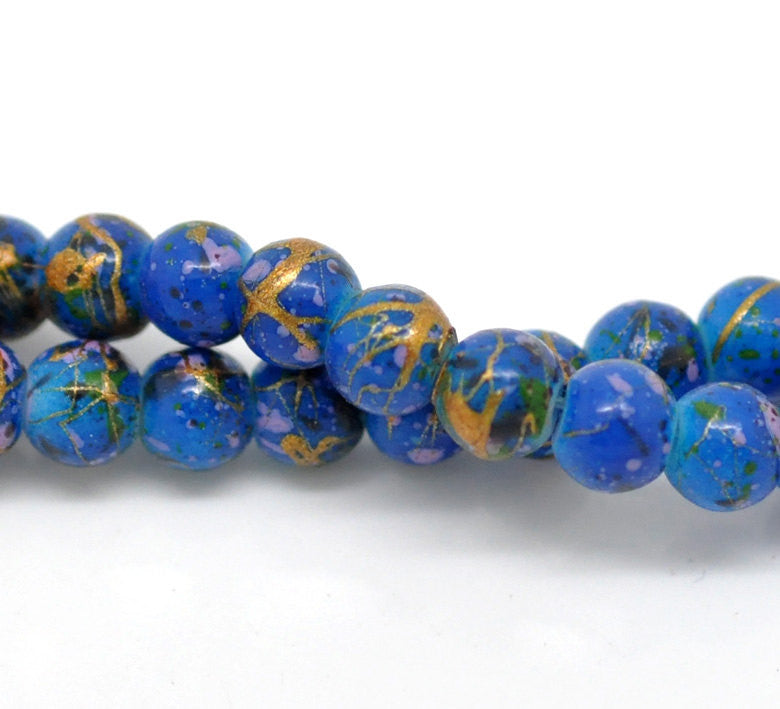 6mm DARK BLUE Glass Beads with Gold, Green, Pink Drizzle Accents, Rare, Hard to Find, 140 beads bgl0674