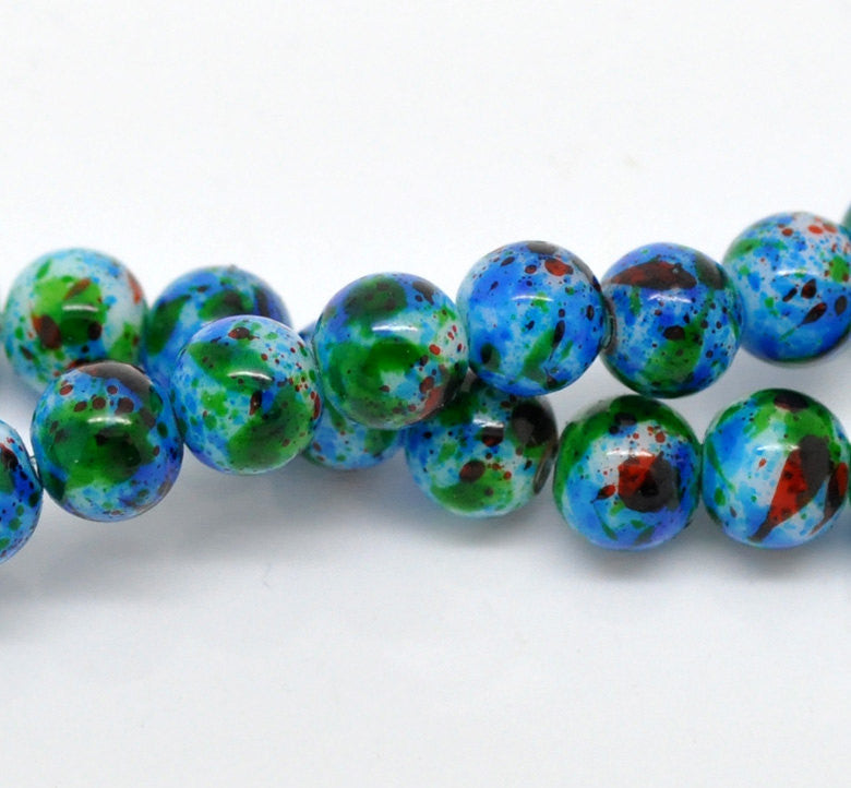 8mm White with Blue, Red, and Green Marbled Swirl Pattern, Rare, Hard to Find, 50 beads bgl0680