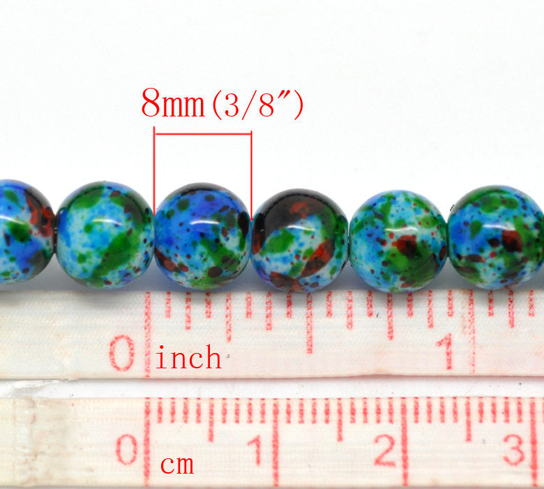 8mm White with Blue, Red, and Green Marbled Swirl Pattern, Rare, Hard to Find, 50 beads bgl0680