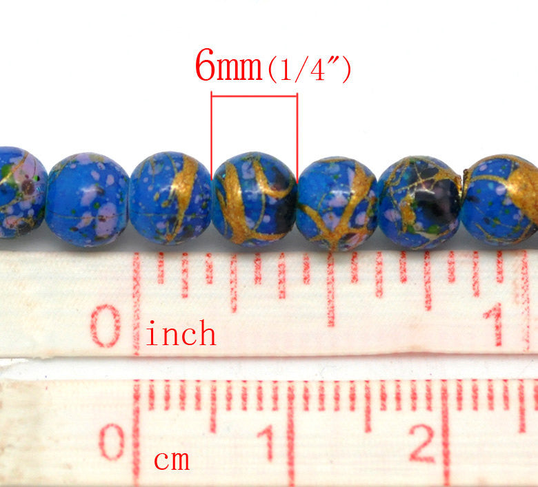 6mm DARK BLUE Glass Beads with Gold, Green, Pink Drizzle Accents, Rare, Hard to Find, 140 beads bgl0674