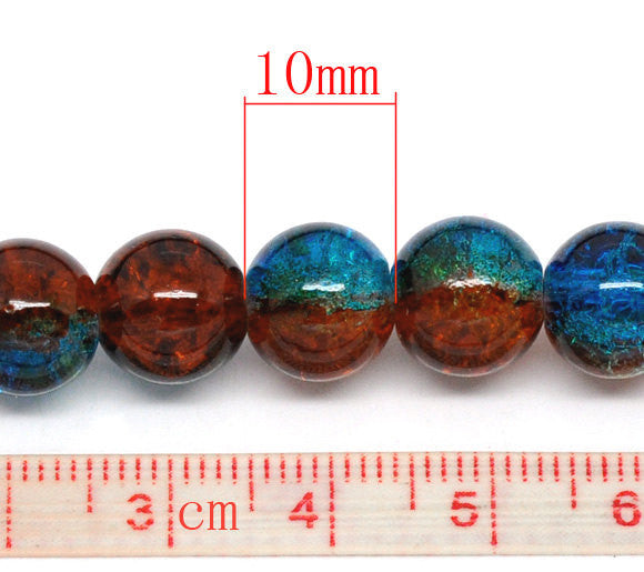 30 Crackle Glass ORANGE and TURQUOISE TEAL Round Glass Beads . 10mm . bgl0319