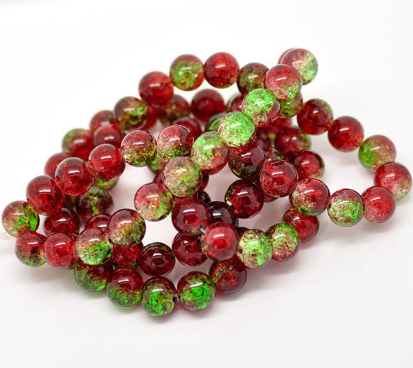 85 Crackle Glass RED and GREEN Round Glass Beads . 10mm . BGL0323
