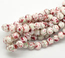 6mm WHITE Glass Beads with Burgundy, Pastel Green and Black Drizzle Accents, Rare, Hard to Find, 140 beads bgl0670