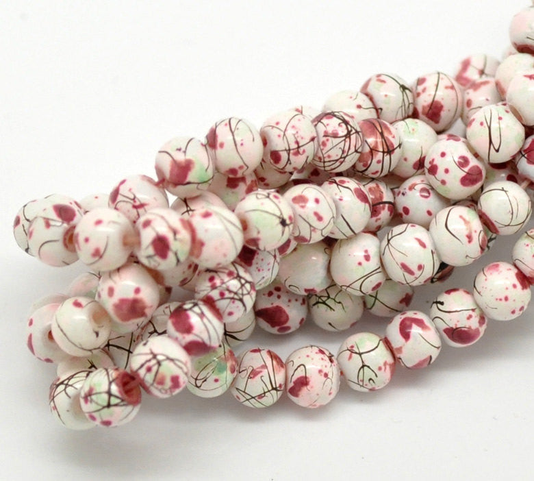 6mm WHITE Glass Beads with Burgundy, Pastel Green and Black Drizzle Accents, Rare, Hard to Find, 140 beads bgl0670
