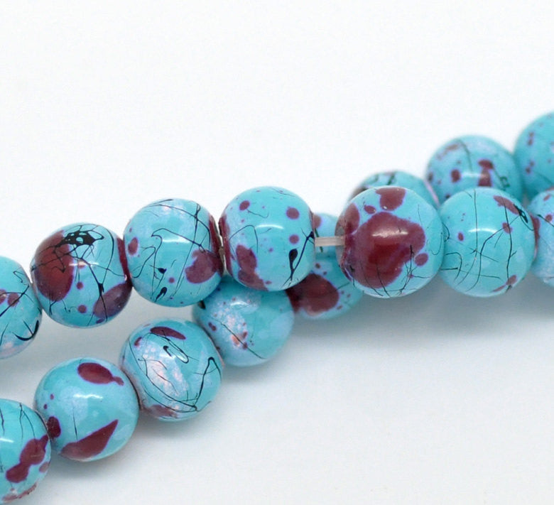 6mm TURQUOISE BLUE Glass Beads with Maroon, White and Black Drizzle Accents, Rare, Hard to Find, 140 beads  bgl0673