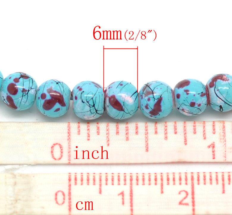 6mm TURQUOISE BLUE Glass Beads with Maroon, White and Black Drizzle Accents, Rare, Hard to Find, 140 beads  bgl0673