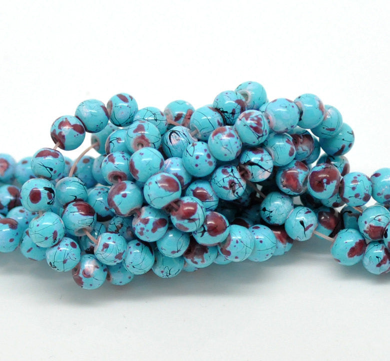 6mm TURQUOISE BLUE Glass Beads with Maroon, White and Black Drizzle Accents, Rare, Hard to Find, 140 beads  bgl0673