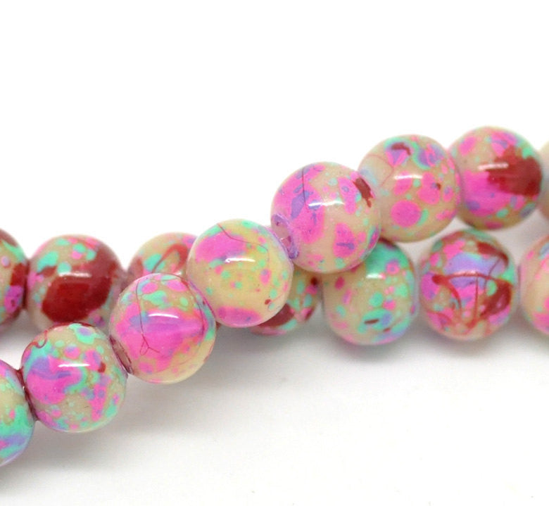 6mm TAN with Pastel Green, Purple, Pink, Red Drizzle Accents, Rare, Hard to Find, 140 beads bgl0671