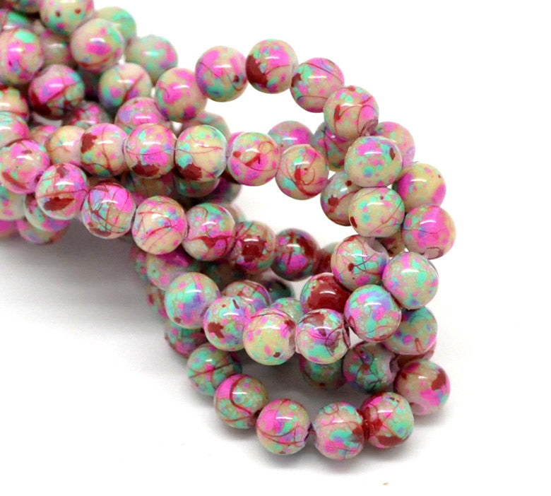 6mm TAN with Pastel Green, Purple, Pink, Red Drizzle Accents, Rare, Hard to Find, 140 beads bgl0671