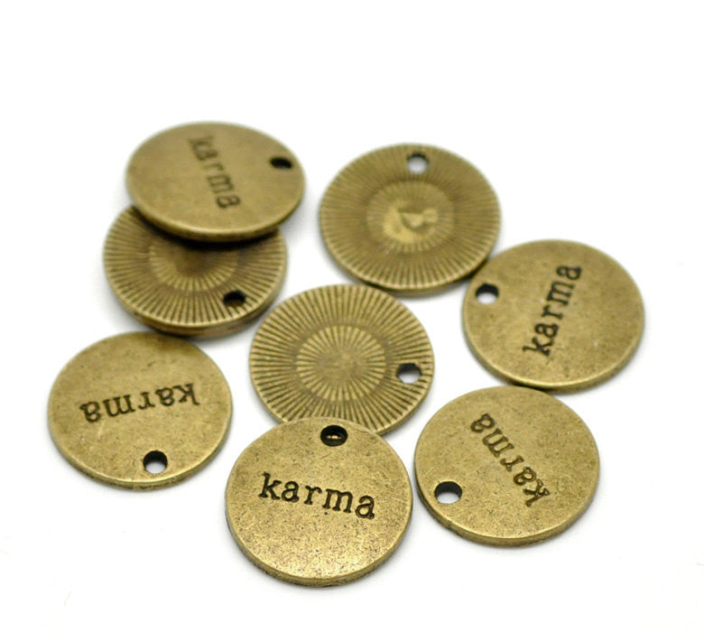 10 Antique Bronze Tone Metal KARMA Circle Charm Pendants. CHB0023