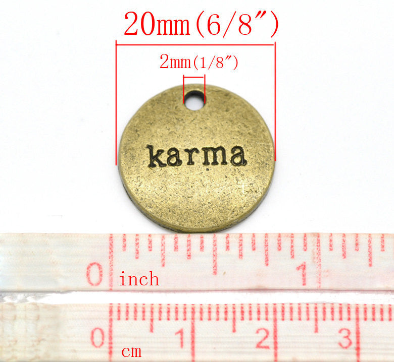 10 Antique Bronze Tone Metal KARMA Circle Charm Pendants. CHB0023