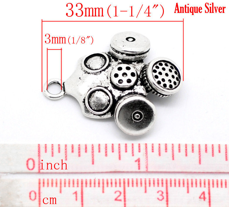 4 Antique Silver Tone Large GAS MASK Pendant Charms . chs0244