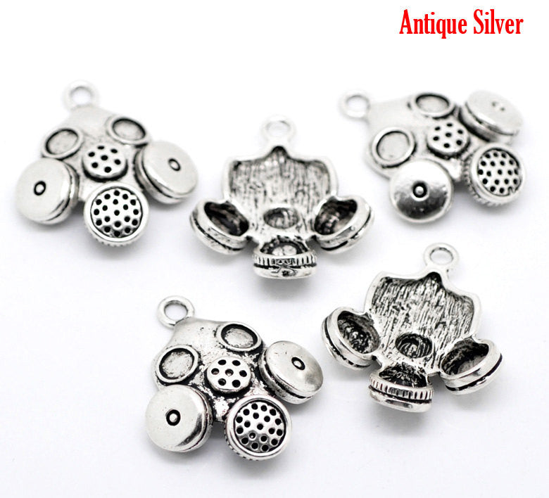 4 Antique Silver Tone Large GAS MASK Pendant Charms . chs0244