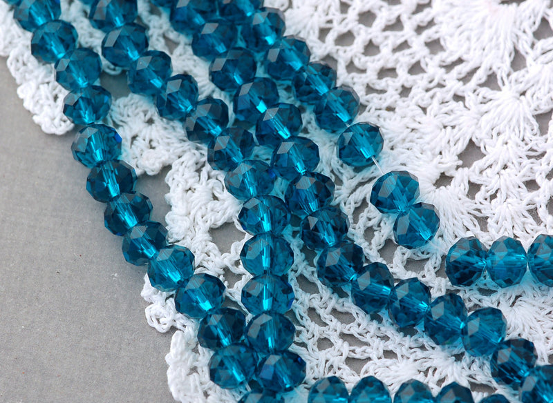8mm Transparent CARIBBEAN BLUE Faceted Glass Crystal Rondelle Beads . 16.5" strand  bgl0595
