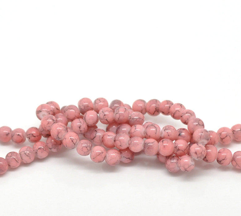 6mm PINK Glass Beads with Black Drizzle Accents, Rare, Hard to Find, 140 beads, bgl0380