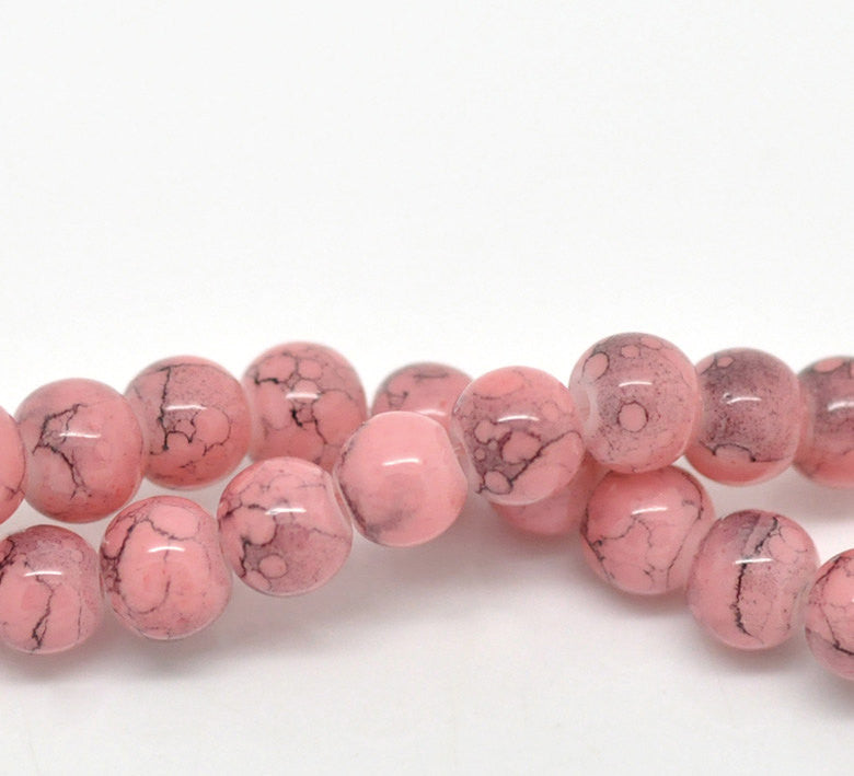 6mm PINK Glass Beads with Black Drizzle Accents, Rare, Hard to Find, 140 beads, bgl0380