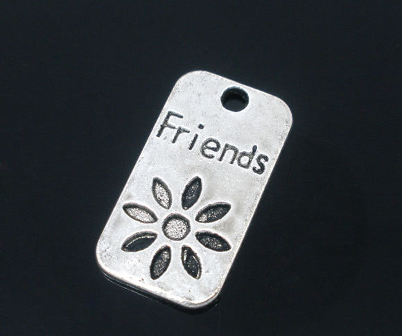 10 Stamped Rectangle Tag Charm  Silver Tone Metal "Friends" Flower chs0283