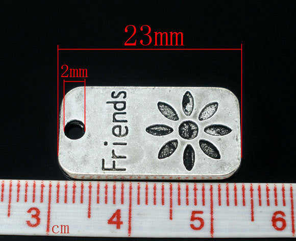 10 Stamped Rectangle Tag Charm  Silver Tone Metal "Friends" Flower chs0283