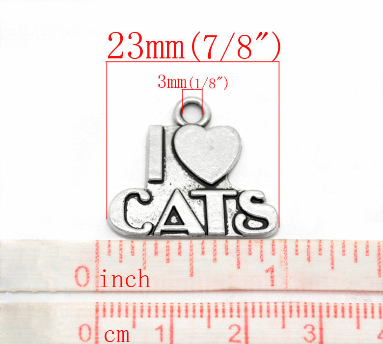 10 " I LOVE Cats " Silver Tone Metal Charms . Chs0796