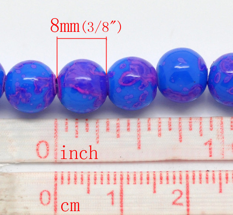50 Round Glass Beads, blue with pink marbeling, marble pattern, 8mm bgl0679