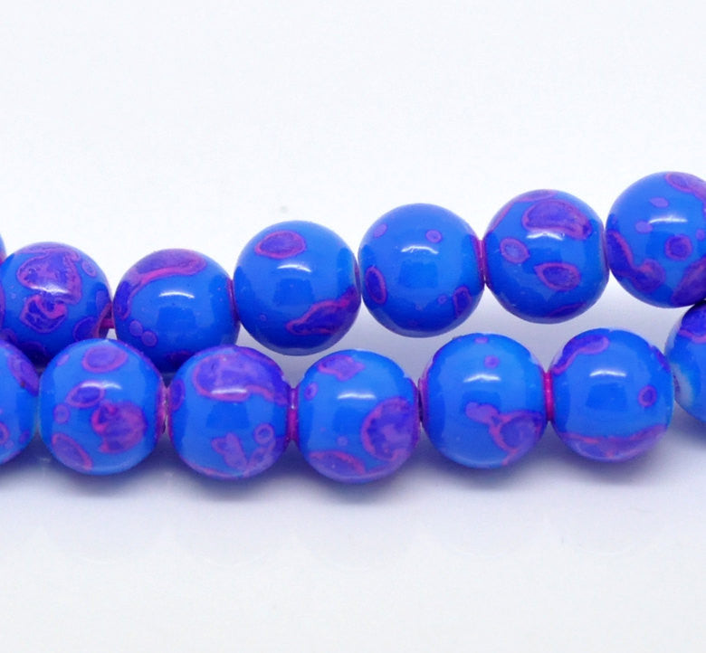 50 Round Glass Beads, blue with pink marbeling, marble pattern, 8mm bgl0679