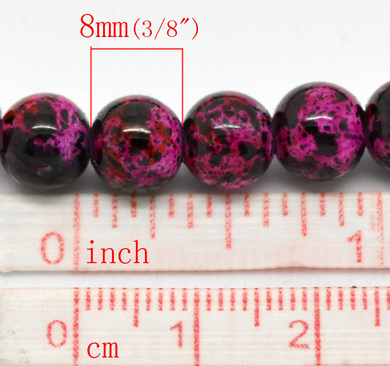 50 Round Glass Beads, pink, green, red, white marbeling, marble pattern, 8mm  bgl0386