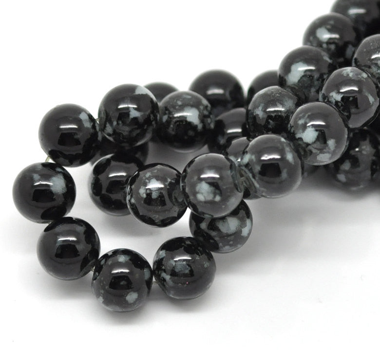 40 Round Glass Beads, black and white marbeling, marble pattern, 10mm bgl0381