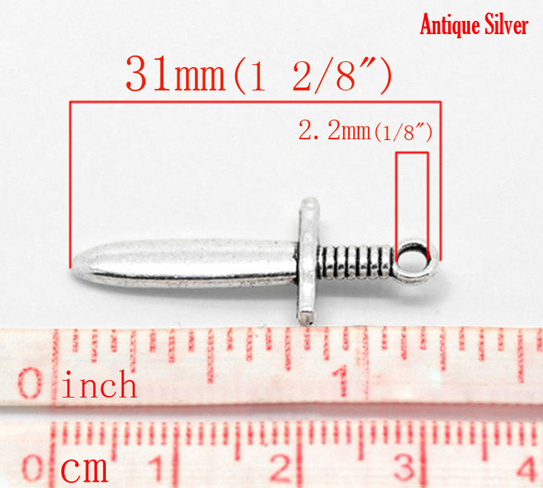 10 Silver Tone Metal DAGGER Sword Charm Pendants  31 x 12mm  chs0243