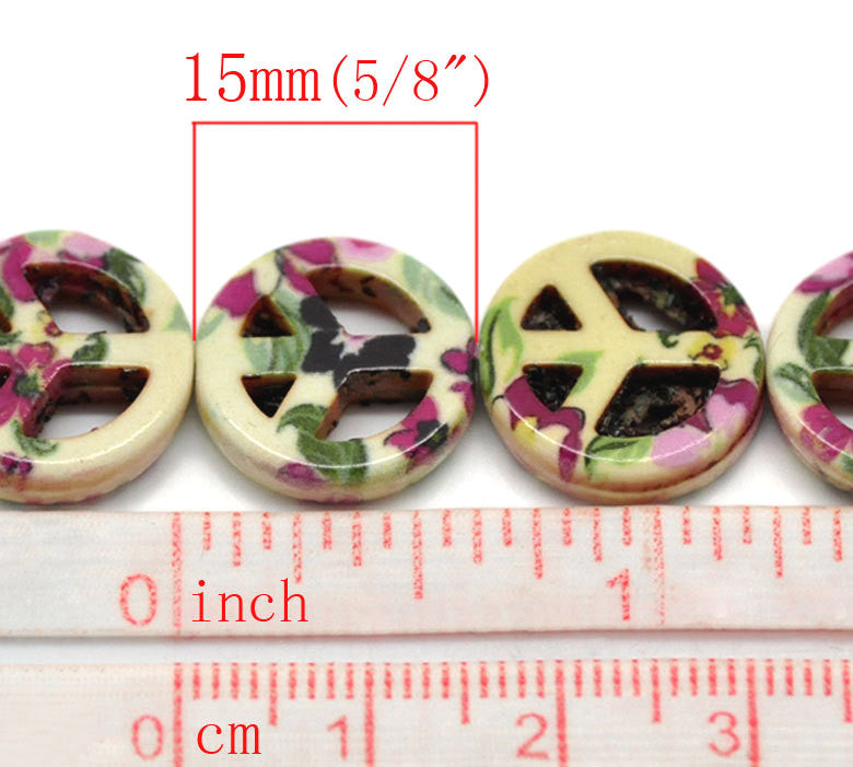 16" Strand FLORAL Painted Howlite Stone PEACE SIGN Gemstone Beads 15mm how0104