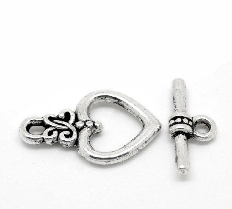 10 Sets Silver Tone Toggle Clasps . SCROLL HEART Pattern fcl0029