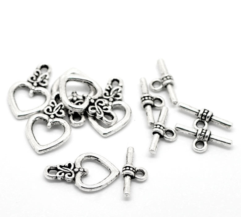 10 Sets Silver Tone Toggle Clasps . SCROLL HEART Pattern fcl0029