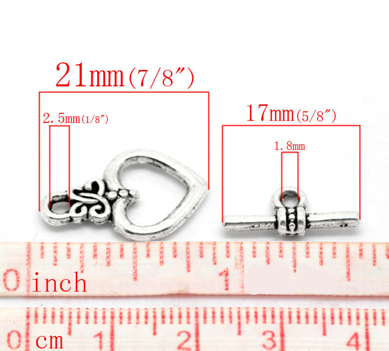 10 Sets Silver Tone Toggle Clasps . SCROLL HEART Pattern fcl0029