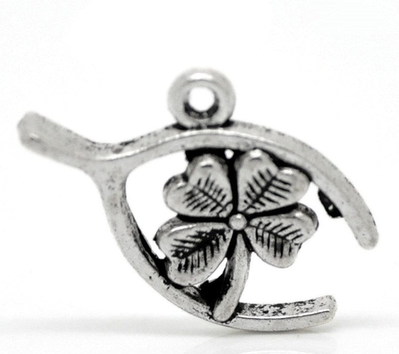 10 LUCKY CHARM Wishbone and 4-Leaf Clover Pewter Charm Pendants . chs0222