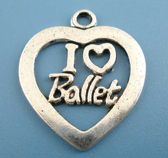 10 Silver Tone Metal I LOVE Ballet Heart Charm Pendants . chs0362