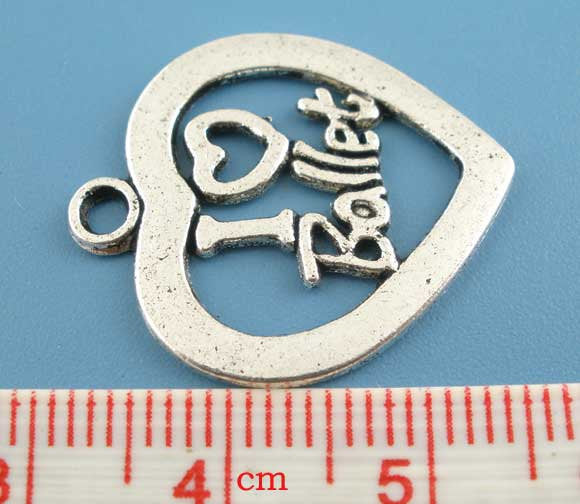 10 Silver Tone Metal I LOVE Ballet Heart Charm Pendants . chs0362