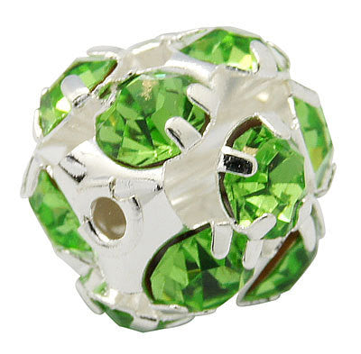 10 pc Silver Metal Rhinestone Disco Ball Spacer Beads . PERIDOT GREEN FIREBALL . 8mm bme0051