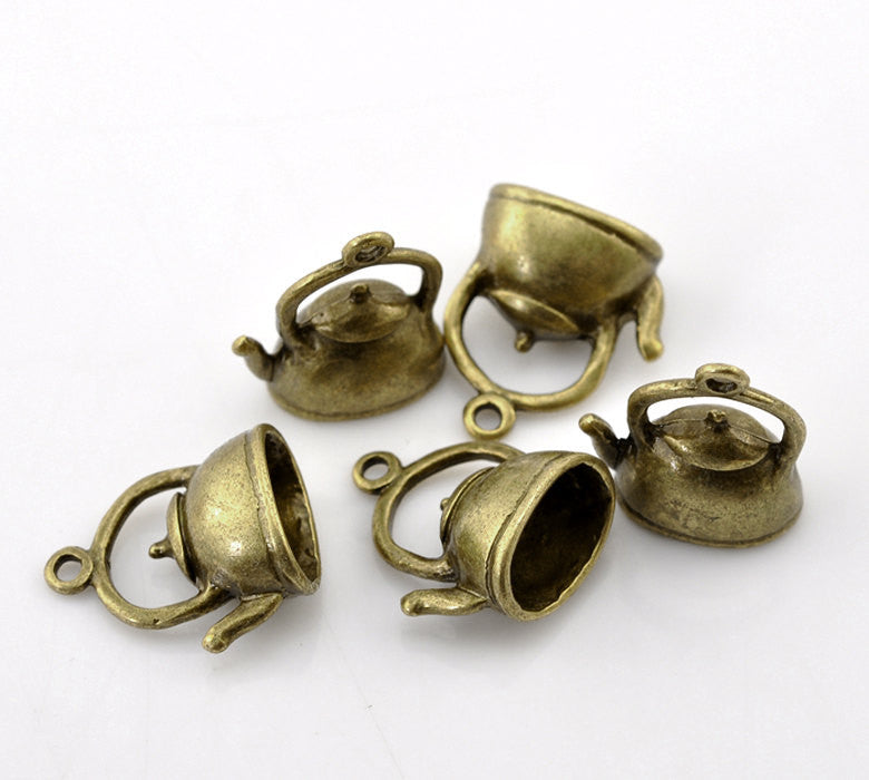 4 Antiqued Bronze Tone TEA KETTLE Charm Pendants  . 3-D design   Chb0066a