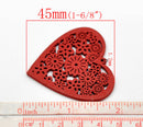 10 Painted Wood FILIGREE HEART Pendants . Mixed colors cho0066