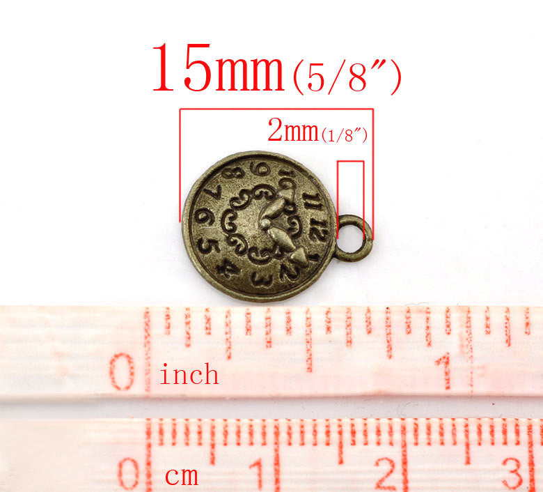 10 Antique Bronze CLOCK FACE Charm Pendants. 15X12mm.  Chb0069