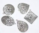 5 Antique Silver Filigree Charm Pendants, 1 of each style, mixed shapes, chs2997