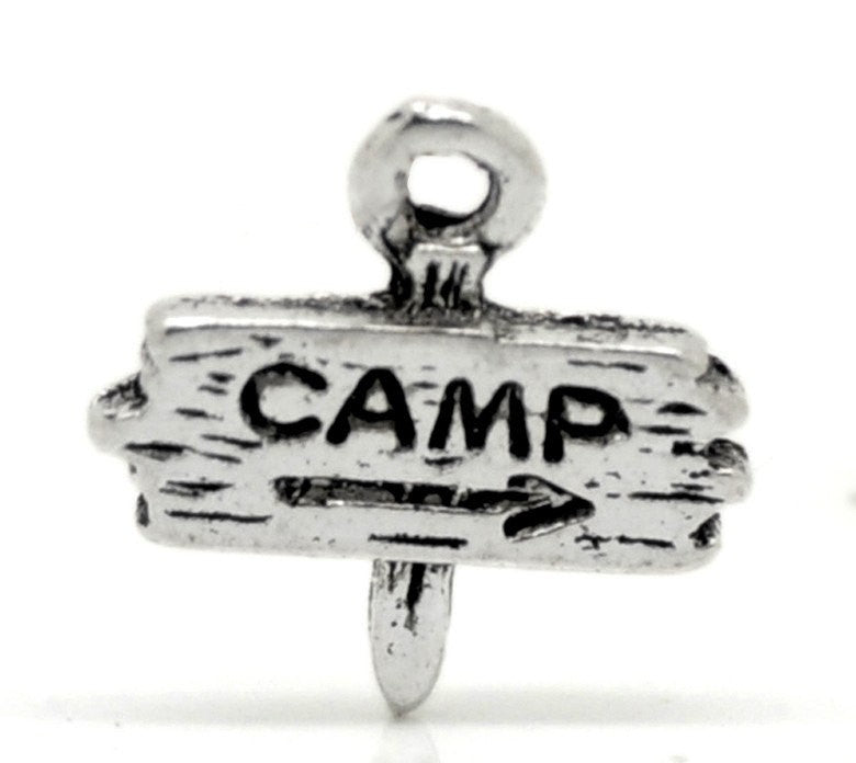 10 Antique Silver Pewter CAMP SIGN Charms Pendants . chs0246