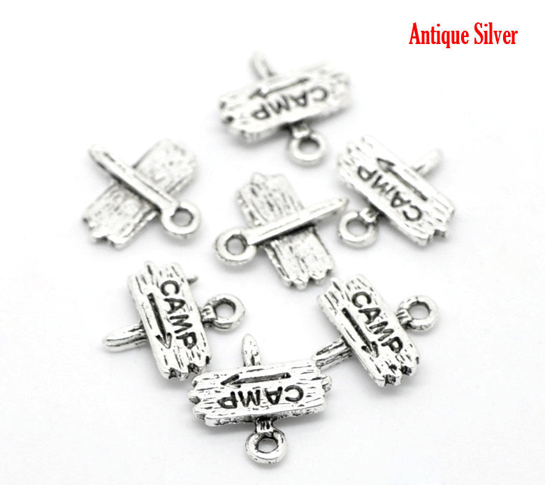 10 Antique Silver Pewter CAMP SIGN Charms Pendants . chs0246