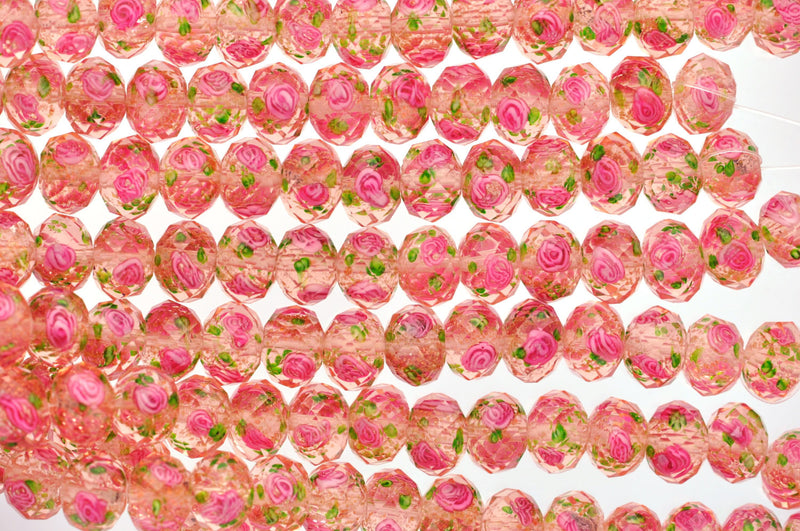 10 pcs PINK and CORAL ROSE Faceted Glass Rondelle Beads . 12mm x 9mm  bgl0726