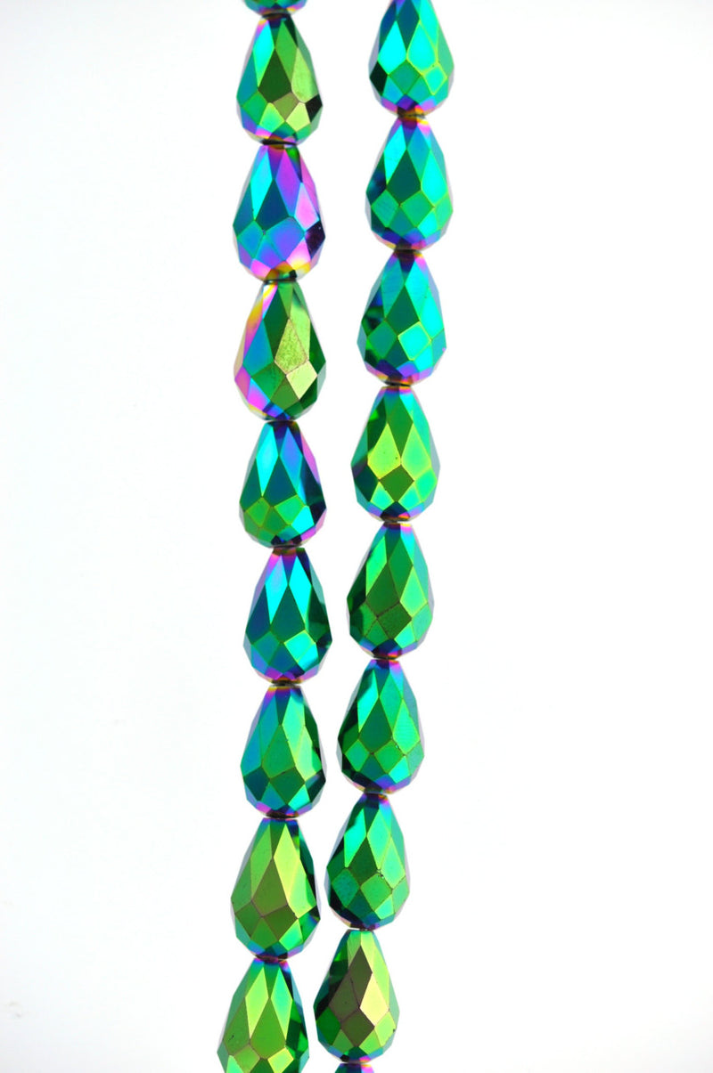 6 Teardrop Briolette Crystal PEACOCK METALLIC beads. 15mm x 10mm  bgl0563a