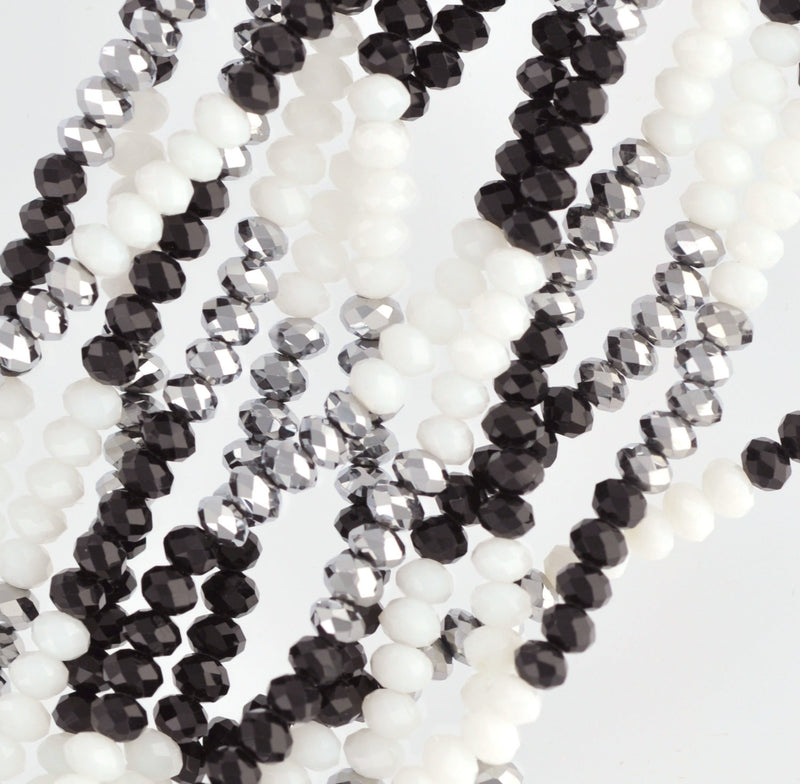 12" Strand Crystal Rondelle Beads black, silver, white TUXEDO MIX 4mm . about 100 beads  bgl0517